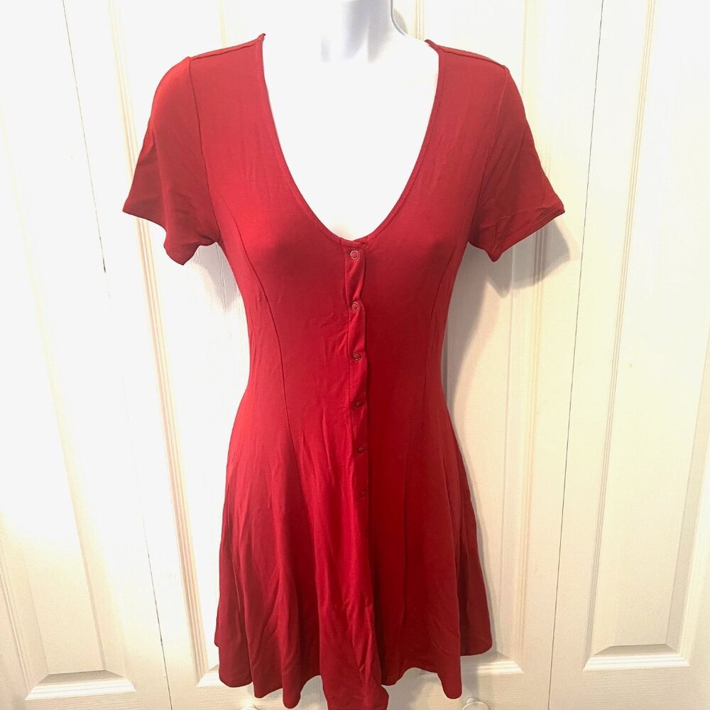 Forever 21-Small-Mini Snap Up Front Short Sleeve Dress-Belted Back-Rust/Orange - Picture 8 of 13